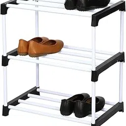Velcrose 3 Shelves Shoes Rack for Home, Plastic 3 Tier Shoe Rack with Shelf, Folding for Bedroom, Book Shelf, Footwear Stand (Black & White) (3 Shelves)-picture-22