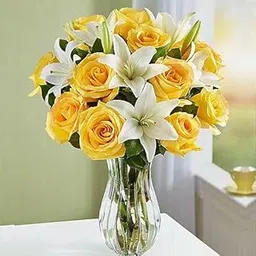 IFG's Beautiful Vase Arrangement of Yellow, White Roses, Lilies, 20 pcs Fresh Flowers - Same Day Delivery-image-32
