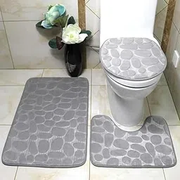 Cobblestone Fleece Bathroom Memory Rug Kit | Non-Slip Soft Bath Mat Set with Toilet Contour & Lid Cover | Super Absorbent, Quick Dry, Anti-Skid Carpet for Bathroom & Toilet Floor (Grey)-picture-57