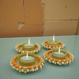 Gadinfashion? Tealight Candle Holders Round Votives Diya for Home Decoration/Diwali Festive Dcor/Table Decor (Set of 4), Orange Iron Tealight Holder Set (Orange, Gold, Pack of 4)-image-0