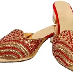 Women’s Fashion Block Heel Mules with Rhinestone Bow | Square Toe Slip-On Sandals | Comfortable Ethnic Heels for Wedding, Party-picture-56