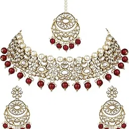 i jewels Traditional Floral Kundan Pearl Choker Necklace Jewelry Earrings & Maang tikka Set For Women-picture-40