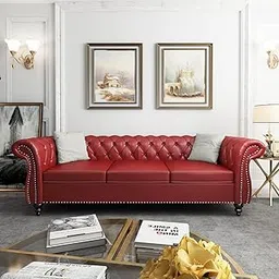 Wood Art City Modern 3 Seater Sofa,Comfortable or Relexable Sofa for Living Room, Bedroom, Furniture (Red Leather)-image-1