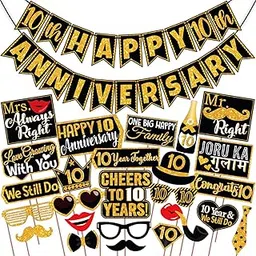 Wobbox 10th Anniversary Photo Booth Party Props DIY Kit with 10th Anniversary Bunting Banner, Golden Gliter & Black, Anniversary Party Decoration-picture-14