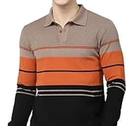 Men Full Sleeve Multi Color self Design Striped Cotton Blend Polo t-Shirt with Collar Stylish-image-3