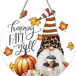 Deroro Happy Fall Y'all Pumpkin Leopard Gnome Front Door Sign, Autumn Maple Leaves Coffee Wood Door Hanger Outdoor Outside Porch Decor, Seasonal Farmhouse Wooden Wreath Indoor Wall Hanging Decoration-picture-11