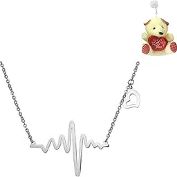 okos Valentines Collection Jewellery Ravishing Rhodium Plated Heartbeat - Love Forever Valentine Gift Pendant Necklace With Teddy Bear For Women & Girls PD1000855Ted-picture-47