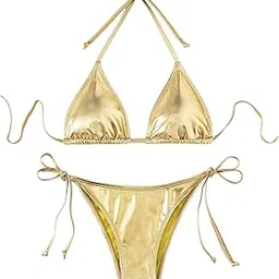 Women's 2 Piece Metallic Halter Triangle Bikini Sets Tie Side Bottom Swimsuits-image-0