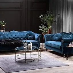 Mid-Century 3+2=5 Seater Modern Chesterfield Sofa Solid Sal Wood Velvet Upholstered Seater Button Tufted Chesterfield Sofa Set for Living Room (Blue, Five Seater Sofa)-image-38