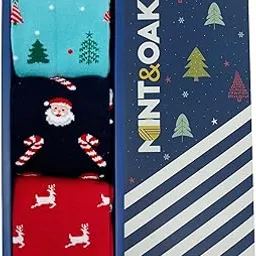 mint & oak Printed Christmas Socks For Men, Cotton Crew Colorful Secret Santa Gift Box for Men, Xmas Calf Length Boys Socks With Fun Prints - Gift Box of 3 image 1