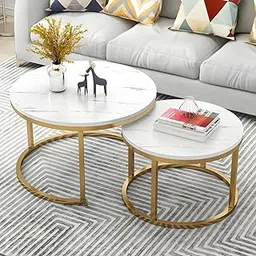 Home Décor Furniture Round Side Coffee Table Sets,2Piece Mdf Top Couch Table,Stacking Nesting Table With Iron Frame For Living Room Living Room Or Lounge(Gold&White)-image-92