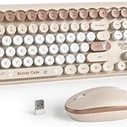 Owpkeenthy Cute Beige Keyboard and Mouse Wireless, Colorful Keyboard Retro Typewriter Style Full-Sized with Number Pad Round Keys for Desktop, Laptop and Computerr (Bunny Beige)-image-11