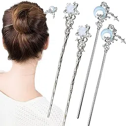 SANNIDHI® 4Pcs Hair Bun Sticks for Women 7 inches Stylish Crescent Star Charm Sticks Headpieces Metal Alloy Fashion Hair Accessories for Bun, Updo-image-20