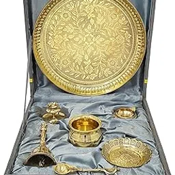 BENGALEN Brass Pooja Thali Set with Grey Gift Box 8 Inch Pital Puja Thali Dhup Dan Kalash Palli Ghanti Kangura Plate Kuber Diya for Diwali Home Mandir Office Wedding Return Gifts Items-picture-22