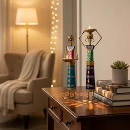 Metal Rajasthani Kalbelia Tea Light Doll -Set of 2 Multicolour Antique Decorative Candle Holder for Home Decor, Living Room, Bedroom (Tagari Doll)-picture-10