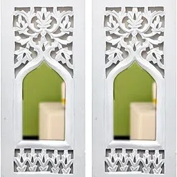 SPACE WOOD Wood Painted Wall Hanging Jharokha Inside Mirror, Wooden Wall Hanging, Wall Panel (17x7.5,) inches Set of Two.(White), Rectangular, Framed (2 PANEL White) image 1