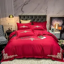 it&C's Imported Washed Silk & Cotton with Elegant Embroidery Wedding Style 5 Pcs King Size Double Bed Luxury Bridal Bedding Set Including 3.00 kg Heavy Comforter/Quilt (Red 1)-picture-22