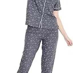 arendelle Women's Pure Cotton Printed Night Suit Shirt & Pyjama Set-picture-33