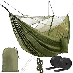 HACER Portable Outdoor Camping Hammock with Mosquito Net & Carabiner Nylon Windproof Hanging Swing for Hiking Backpacking (Army Green-1) image 1