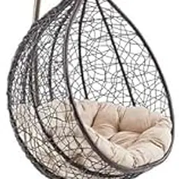 Single Seater Swing Chair with Stand & Cushion Outdoor Indoor Balcony Garden Patio,Powder Coated Frame,UV Protected Wicker,Cushion (Swing-Brown/Cushion-Beige)-picture-34