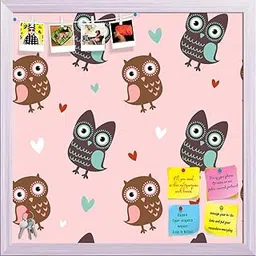 ArtzFolio Owls & Hearts | Bulletin Board Notice Pin Board | Vision Soft Board Combo with Thumb Push Pins & Sticky Notes | White Frame | 24 x 24 inch (61 x 61 cms) image 1