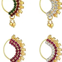 jewelopia Maharashtrian Nath CZ Nosepin without piercing | Traditional Bridal Motyanchi Nath | Wedding banu Marathi AD Nose Nathni Jewellery | Clip on Pearl nathiya | marathi Gold Plated Pressing Nath Nose Ring For Girls-picture-31