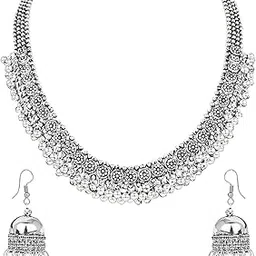 i jewels Ethnic Silver Oxidised Floral Design Ghungroo Necklace Jewellery With Jhumka Earrings Set For Women/Girls-picture-26
