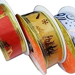 Forty Wings 3 Pcs Organza Christmas Theme Printed Gift Wrapping Ribbons Christmas Decoration Items-image-2