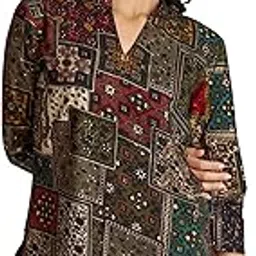 berry bird Women Ethnic Motifs Printed Three-Quarter Sleeves V-Neck Mandarin Collar Straight Top-picture-13