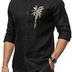 zynth Men's Cotton Linen Shirt with Palm Tree Embroidery, Casual Button Down, Full Sleeve with Three Colour-picture-19