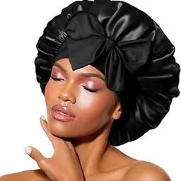 SNTE QUEEN Silk Bonnet for sleeping Women Satin bonnet Hair Bonnet Night shower cap Sleep Cap Scarf wrap for Curly Hair with tie Band Black-image-74