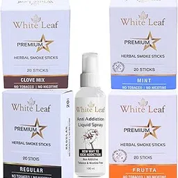 White Leaf Herbals Clove, Mint, Regular & Frutta Flavour Cigarette, Tobacco and Nicotine Free Herbal Smoke Sticks Pack of 4 (80 Sticks With 100ml Shot)-picture-33