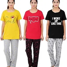 Cotton Printed Top and All Over Print Pyjama Set for Women - Combo Pack Smile Yellow Happy Rani Pink Woke Up Black Pajama Night Suit/Sleep Wear/Loungewear-image-18