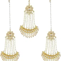 abhaah Gold Plated kundan meenakari Bridal Traditional chandbali Stylish Pearl jhoomar passa maang Tikka and Earring Set for Wedding for Women-picture-53