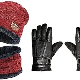 Winter Soft Warm Snow Proof Woolen Beanie Cap Neck Scarf Set with Leather Hand Gloves for Men & Women Hand Gloves (IN, Alpha, Free Size, BLACK + LEATHER GLOVES)-image-99