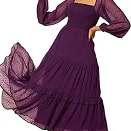 Women's Elegant Square Neck Tiered Chiffon Midi Dress, Long Sleeve Party Gown,A-Line Flowy Design-image-11