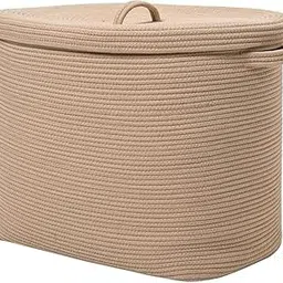 gratify 18"x12"x14" Rectangular Extra Large Storage Basket With Lid, Large Cotton Rope Storage Basket, Woven Laundry Hamper, Cloth Storage Bin, for Clothes Towels Blankets in Living Room.(All Beige)-picture-17