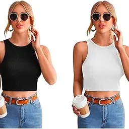 akhirah Women's Ribbed Crop Tank Top, Black and White, Sleeveless, High Neck, Casual Summer Style, 2-Pack-picture-35