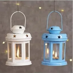 Decorative Tea Light Lantern Set, White and Blue, Star Design, 20 cm Height-picture-15