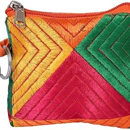 Red Phulkari Coin Holder Pouch | Smooth Zipper, Coin Purse, Storage Pouch for Women, Cute Coin Pouch for Girls Women, Multi Color | Vintage & Unique Handcrafted Khadi Material-image-11