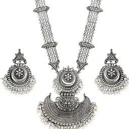 Women's Styledwell Oxidised Afghani Long Necklace Set (Silver)-image-3