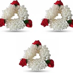 Wedding Floral Jewelry Hand Gajra Scrunchie Bracelet with Mogra Jasmine and Rose Handmade Bridal Party Accessory Indian Traditional Festive Decoration (Pack of 3)-picture-27