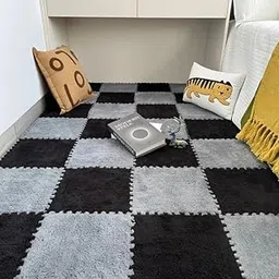 CLICKSY Plush Puzzle Foam Floor Mat for Kids- Thick Interlocking Fluffy Tiles with Border Square Rug Split Joint Soft Climbing Carpet Mats Shaggy Area Rug for Room Floor(11.8 Inch, White&Grey) (10)-picture-13