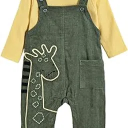 Boys Full Sleeves Yellow 2-Pc Giraffe Embroidered Corduroy Dungaree & T-shirt-image-4