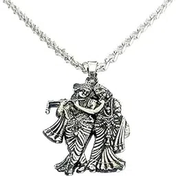 Rolo Chain With Radha Krishna Pendant, Pendant For Boys | Men's Chain | Silver Polish S-hook clasp 20 Inch long Mens Fashion Wear Chain With Lord Radha Krishna Pendant-picture-18
