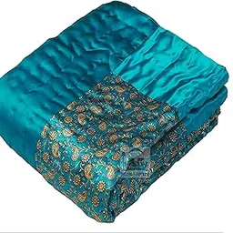 PINAARAS INTERIOR Cotton Filled Light Weight Silk Jaipuri AC Quilt/Razai Gold Print Jaipuriya Rajai/Razzai - (Floral, RAMA Green Single Bed)-image-4