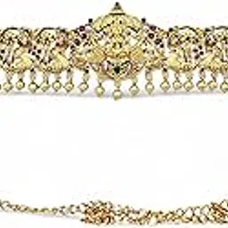 antique jewellery Traditional Gold-Plated Kamarbandh, 99 cm Temple Style Waistband with Ruby-Green Stones, Pearl Drops-picture-12