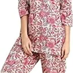 Women's Printed Cotton Night Suit Set of Shirt & Pyjama | 3/4 Sleeve Round Neck Top and Ankle Length Pajama for Lounge Wear, Sleepwear, and Daily Relaxation-image-1