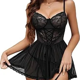 ssoshhub Lingerie for Women Beautiful Lace Babydoll Mesh Chemise Boudoir Nighty with Garter Belt and Panty-picture-34