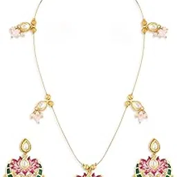 zaveri pearls Green Pink Meenakari Lotus Design Kundan Embellished Necklace & Earring Set For Women-ZPFK19169-picture-11